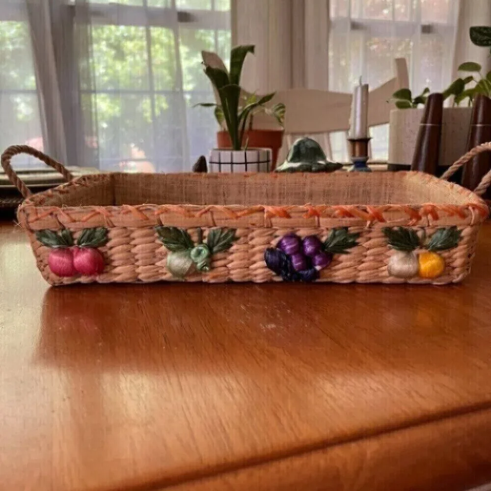 Vintage Hand Made Lined Wicker Basket Colorful Fruit Design Philippines Raffia